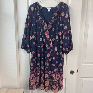 London Times Floral Faux Wrap Dress Ruffle Neckline 16W